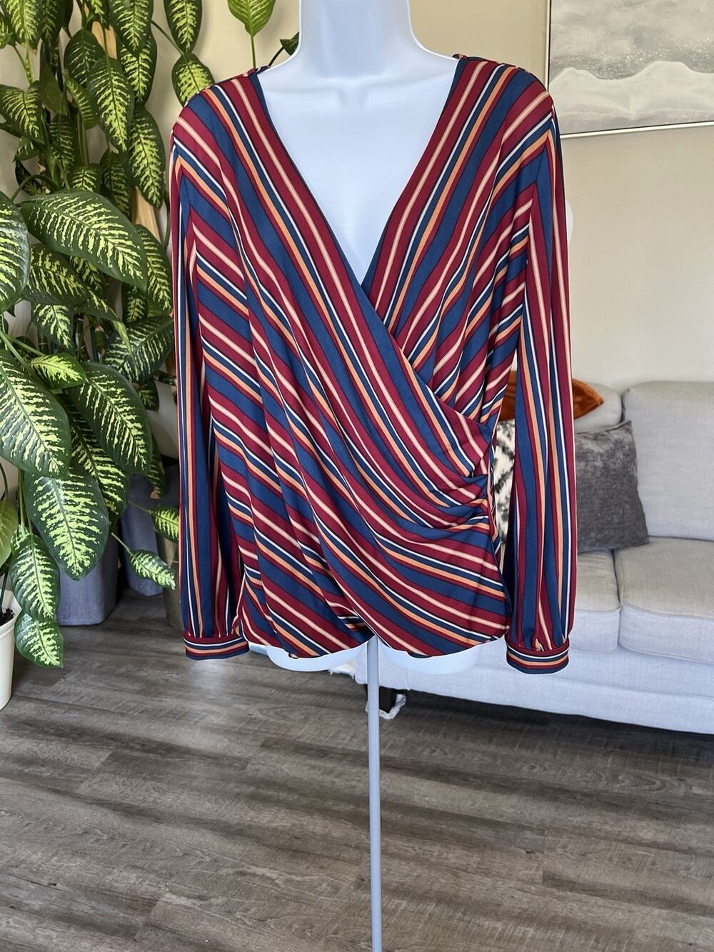Ann Taylor Loft LP Maroon, Navy & White Striped Top #1029